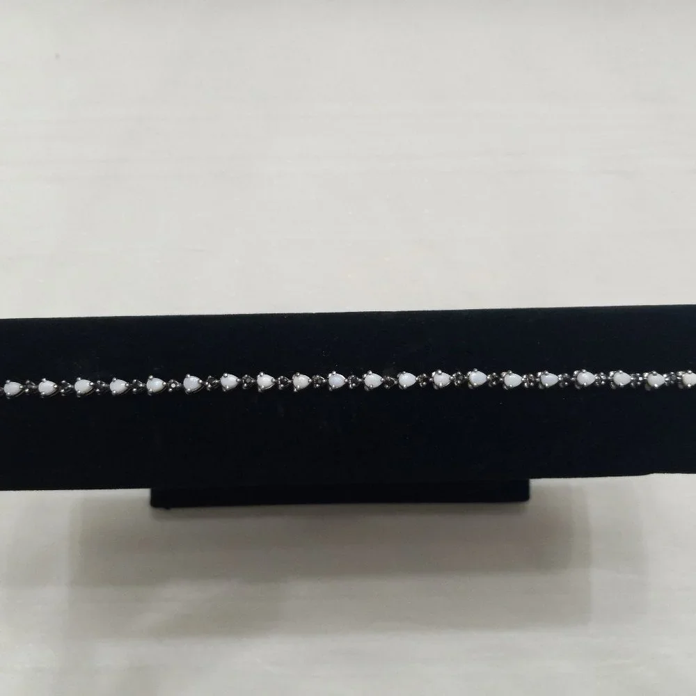 Sterling Silver Bracelet with Opals and Blue Rhinestones - Picture 2 of 14